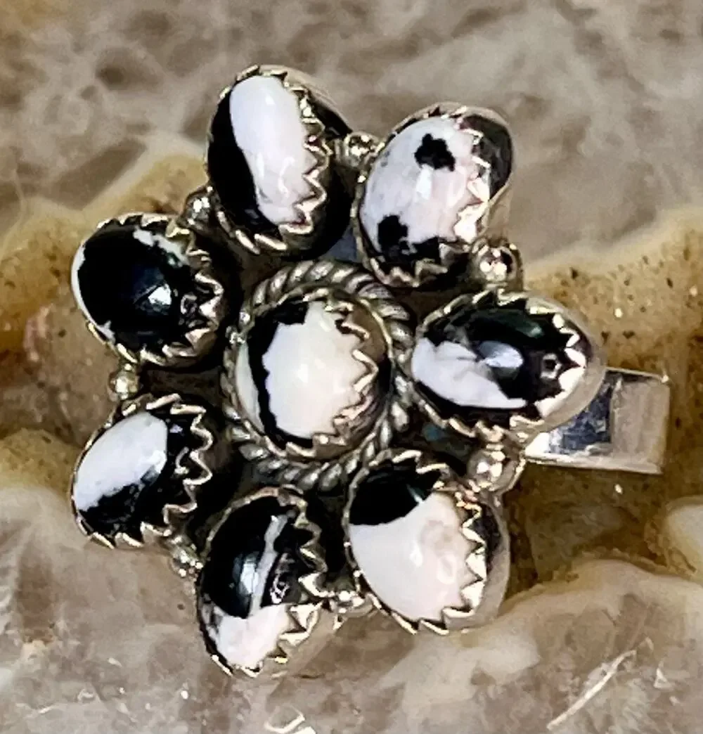 White Buffalo Turquoise Sterling Silver Cluster Ring Adjust Sz Southwestern 925